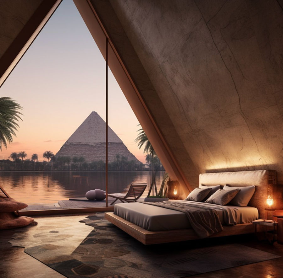 Egyptian Dream Home bedroom overlooking pyramids