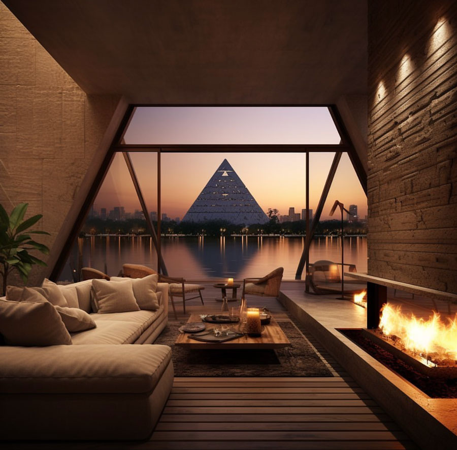 Egyptian Dream Home fireplace in living room