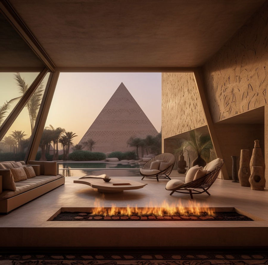 Egyptian Dream Home livingroom with fireplace
