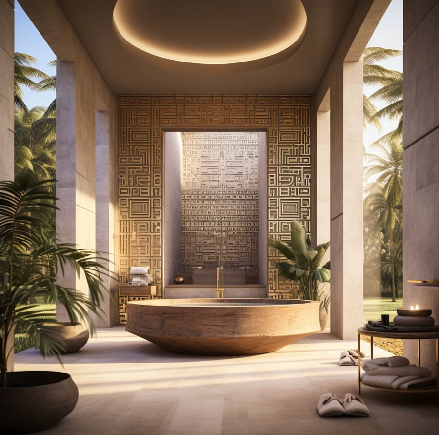 Egyptian Dream Home open bathroom stone tub