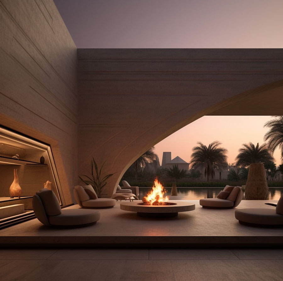 Egyptian Dream Home outdoor firepit and sitting area