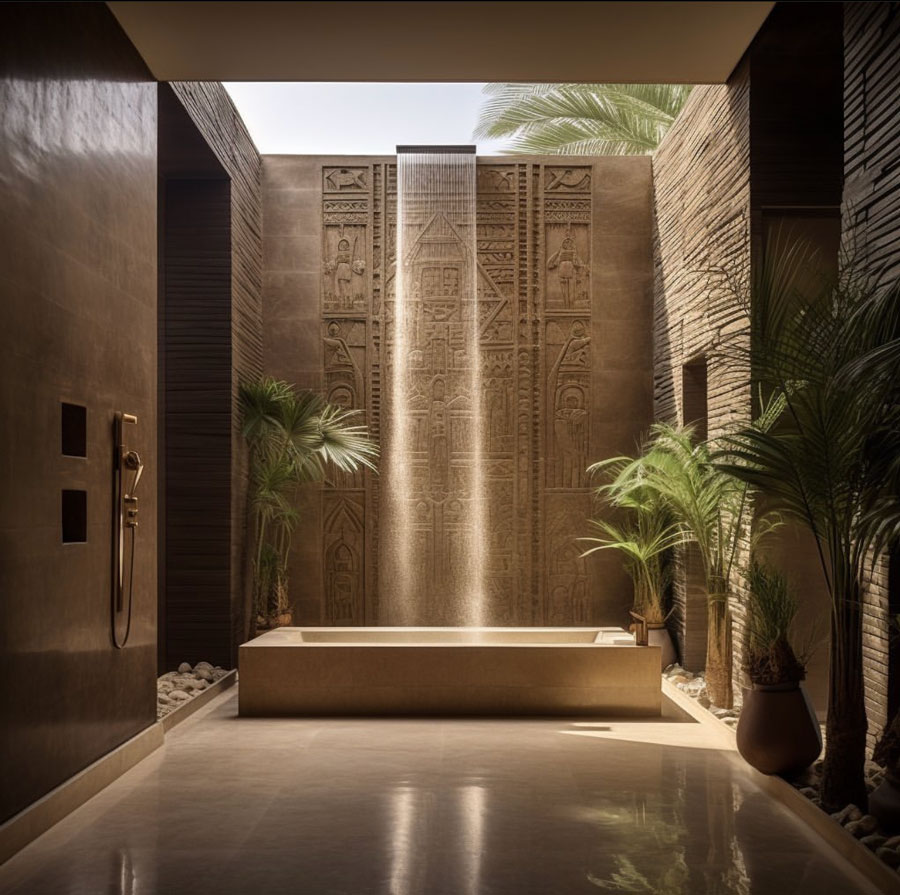 Egyptian Dream Home square stone tub with waterfall