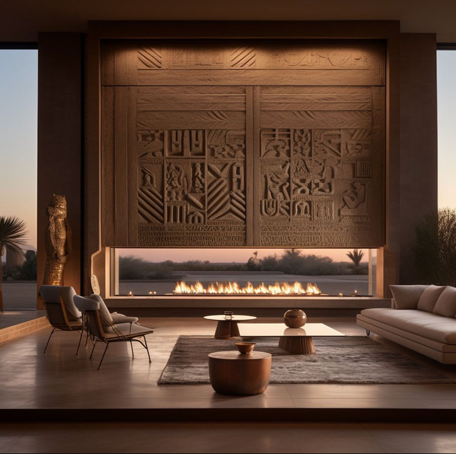 Egyptian Dream Home stone fireplace