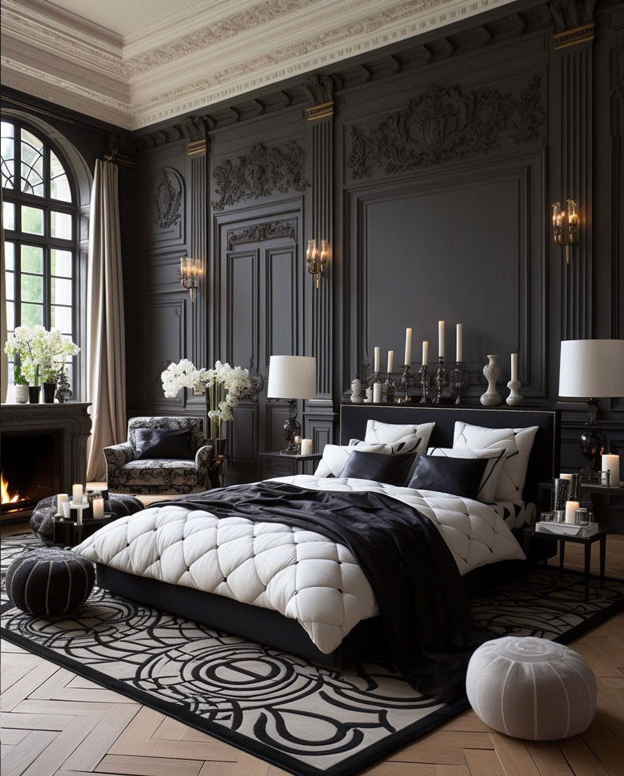 French Style Manor bedroom black and white design