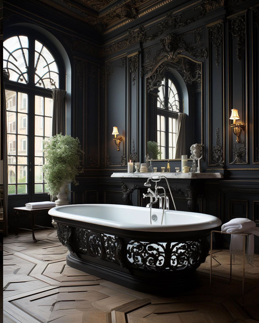 French style manor bathroom with black and gold accents