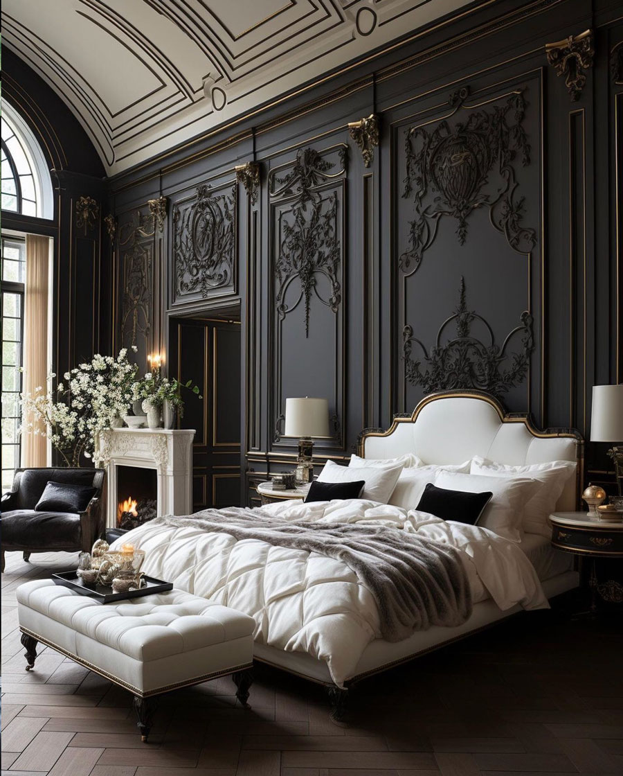 French style manor dream home bedroom black and gold interior design