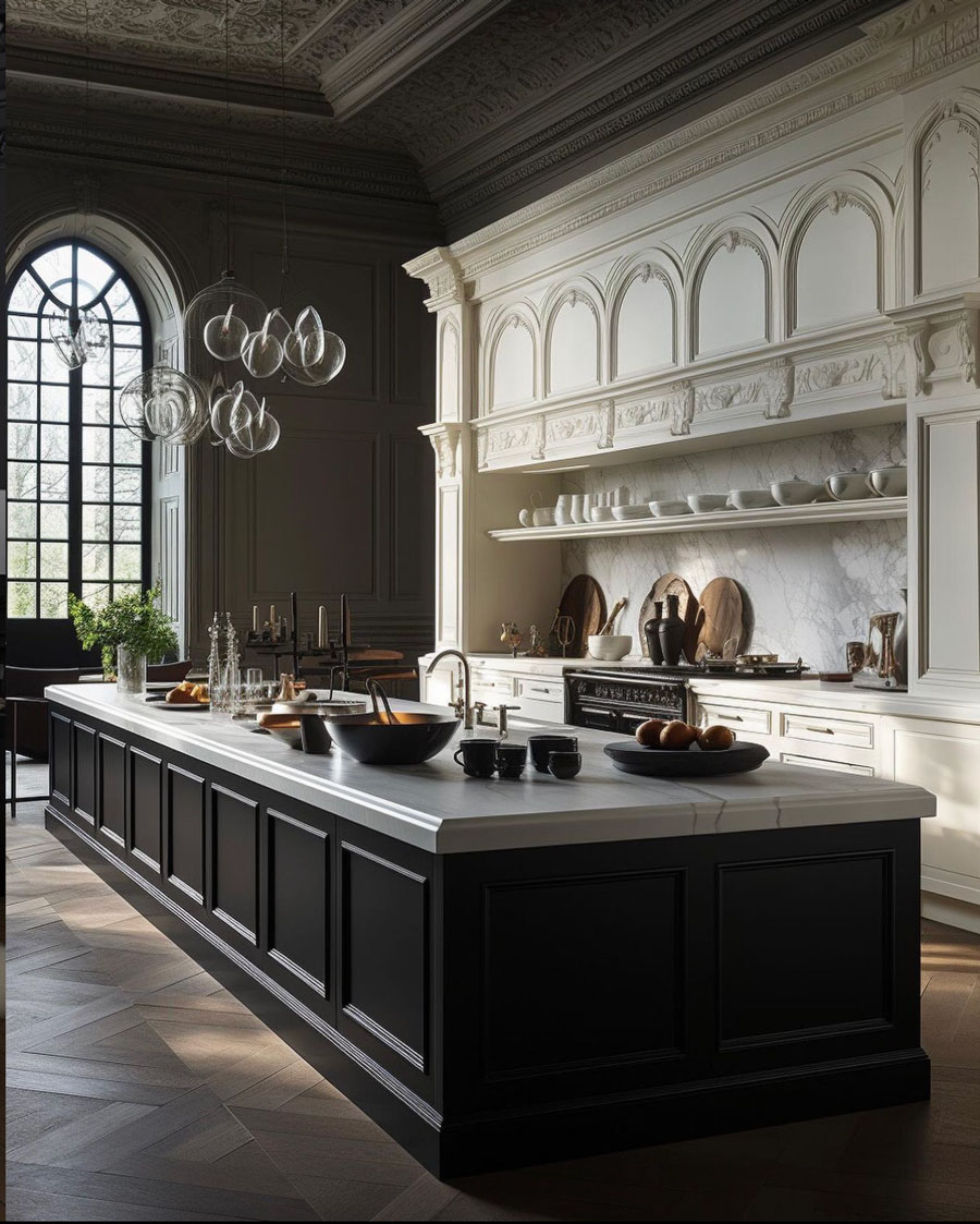 French style manor kitchen with black walls and white cabinets interior design