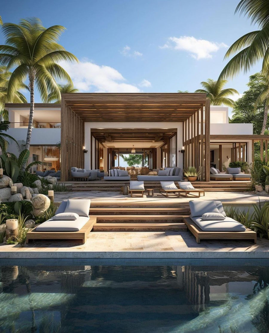 Hawaiian Coastal Dream Home outdoor pation with pool