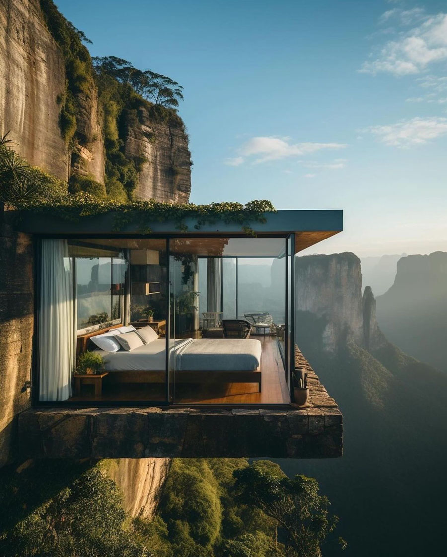Mountain Hideaway Dream Home perched cliffside bedroom