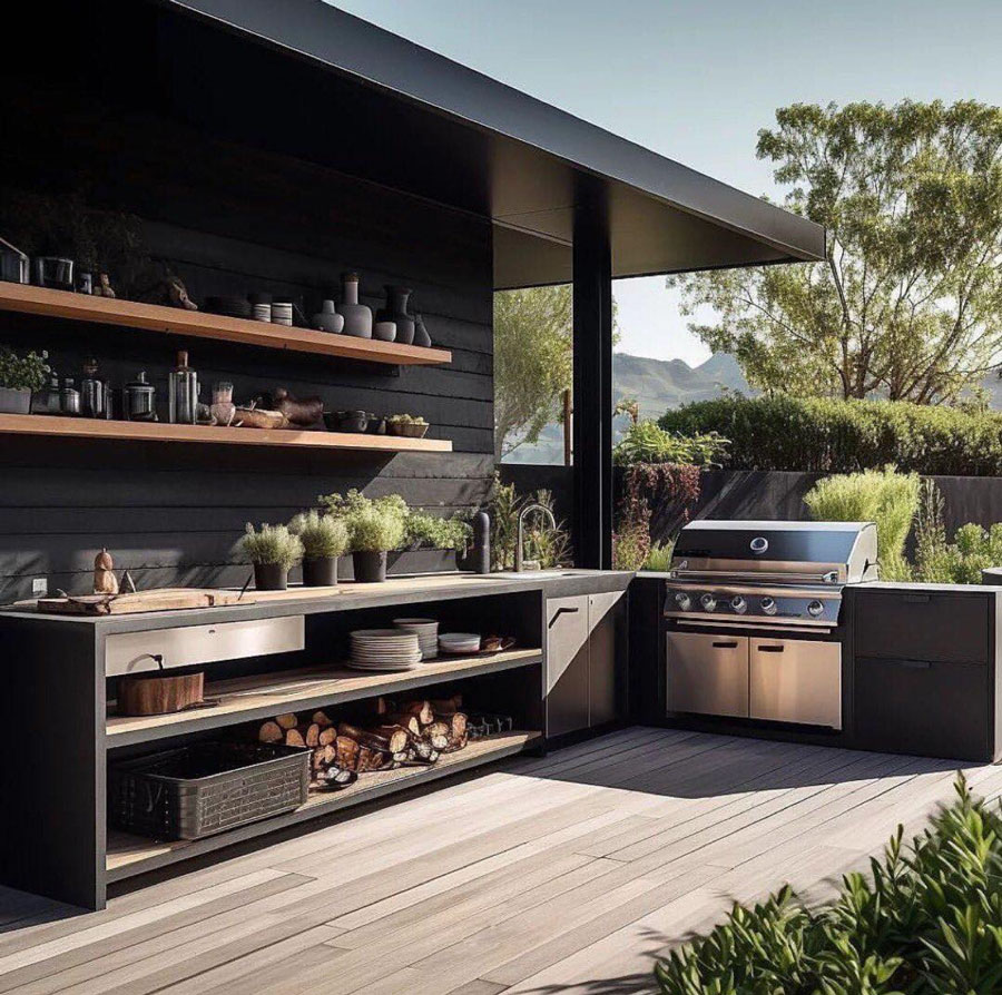 Black Modern Farmhouse Dream Home Outdoor Kitchen with Grill