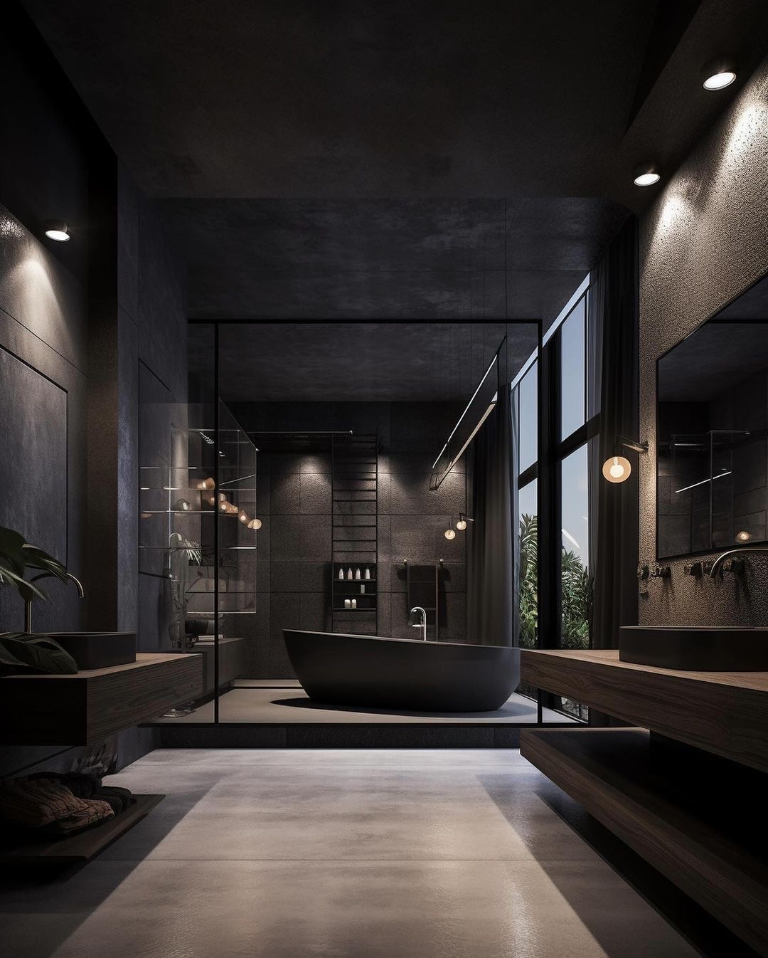 Modern Black Bathroom Design Spa Bathtub Floating Counters
