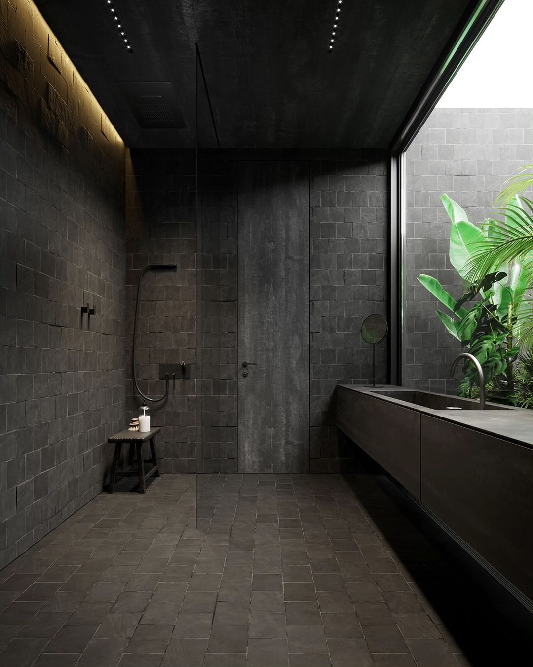Modern Black Bathroom Design Wet Room Large Window