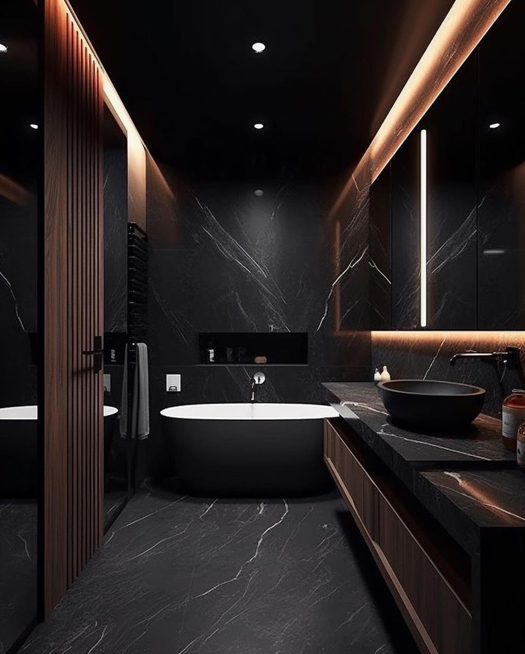 Modern Black Bathroom Design Wood Slat Accents