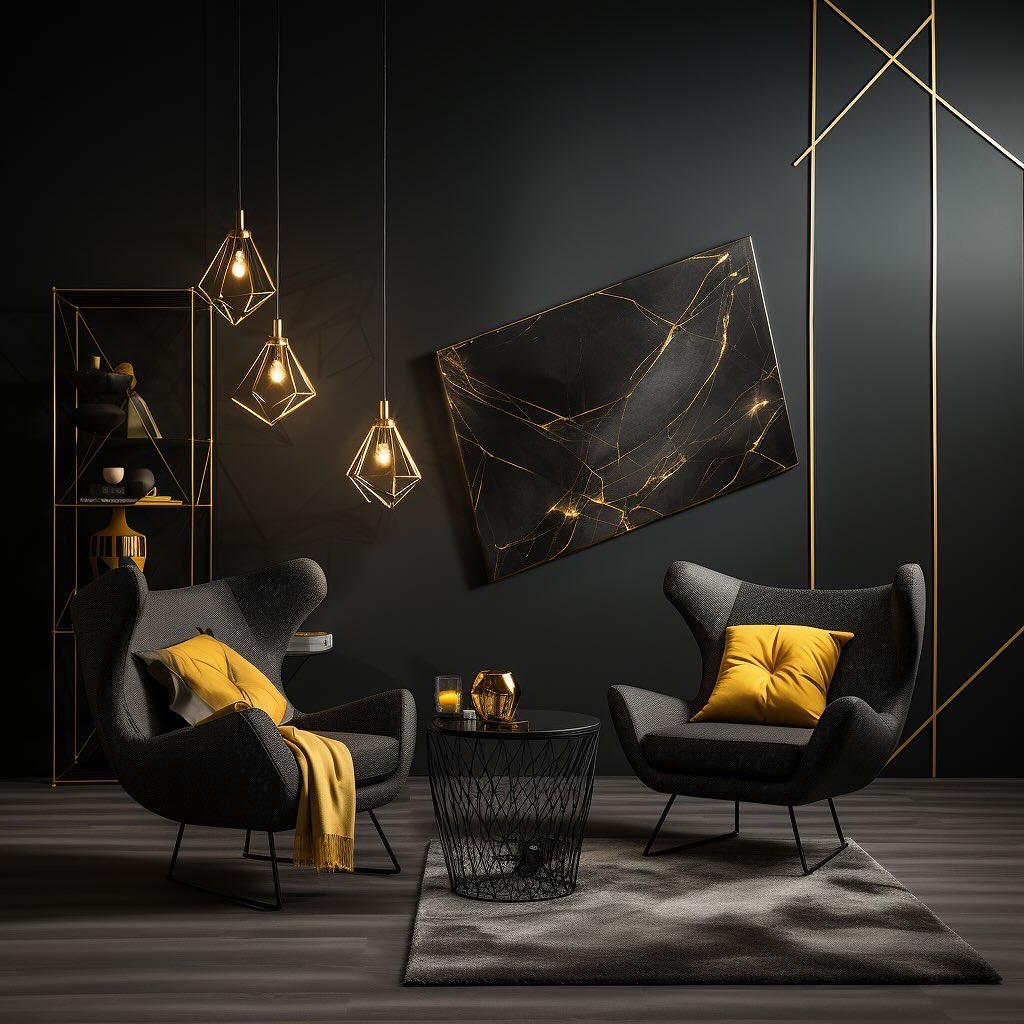 Black and Gold Interior Design Sitting Room Gold Pillows on Chairs