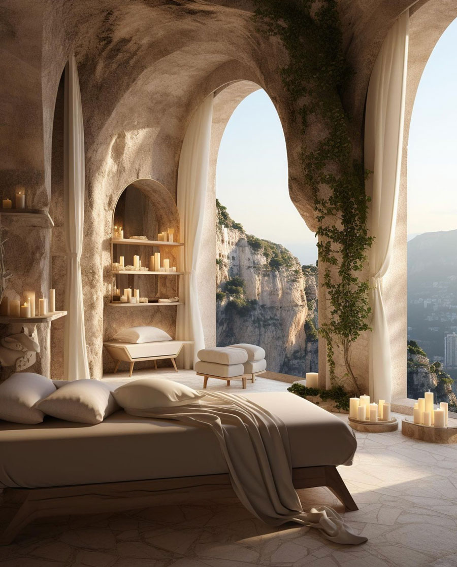 Classic Roman Design-Inspired Cliffside Dream Home Guest Room