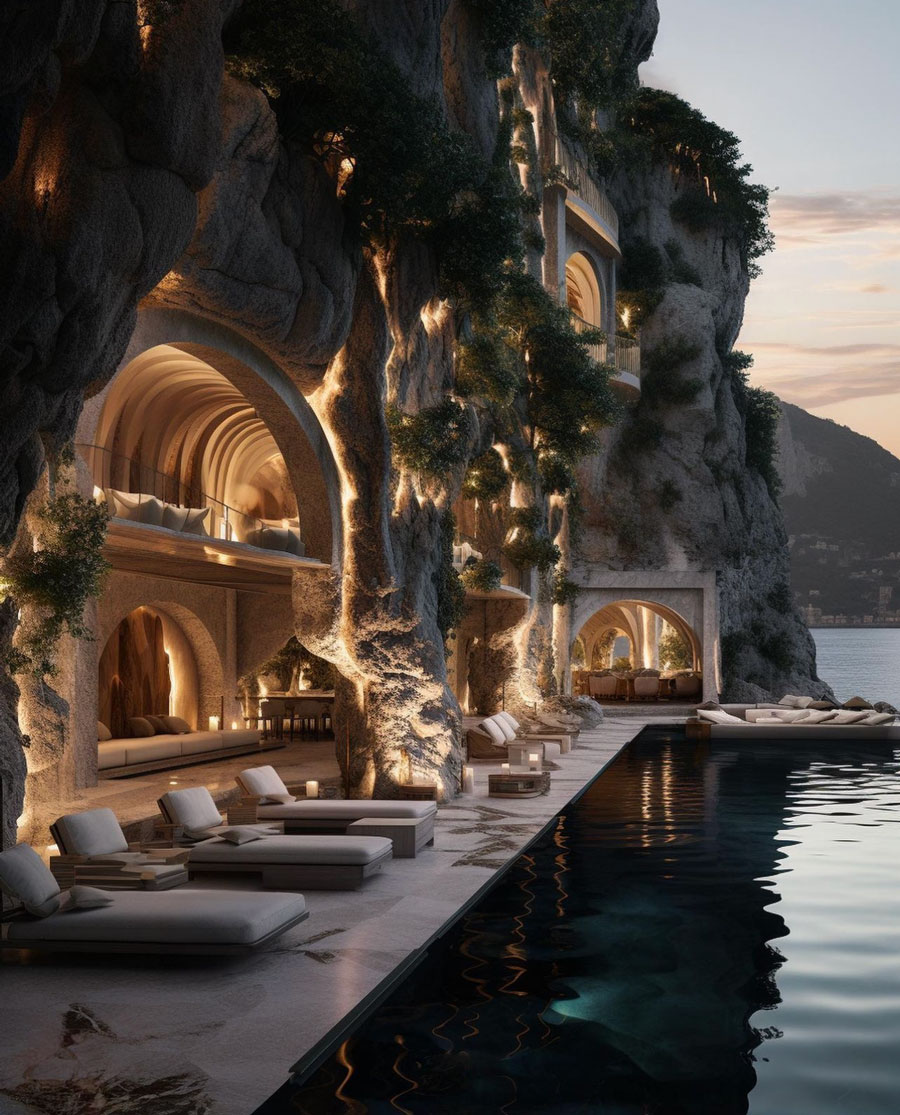 Classic Roman Design-Inspired Cliffside Dream Home Lounge Pool