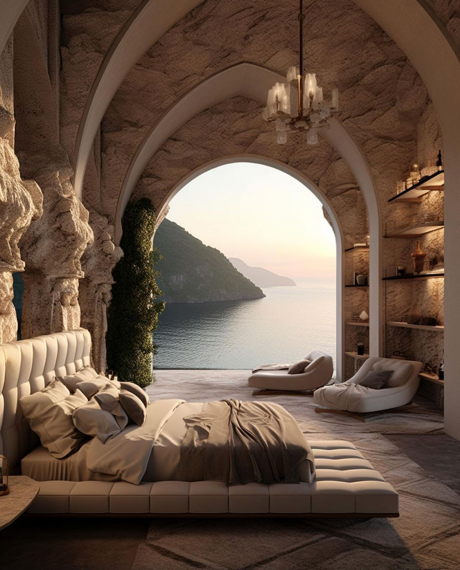 Classic Roman Design-Inspired Cliffside Home Master Bedroom