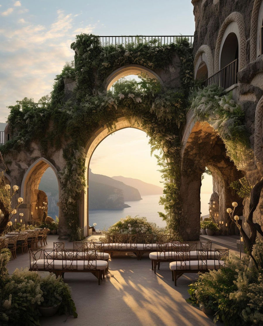 Classic Roman Design-Inspired Cliffside Dream Home Outdoor Dining Area