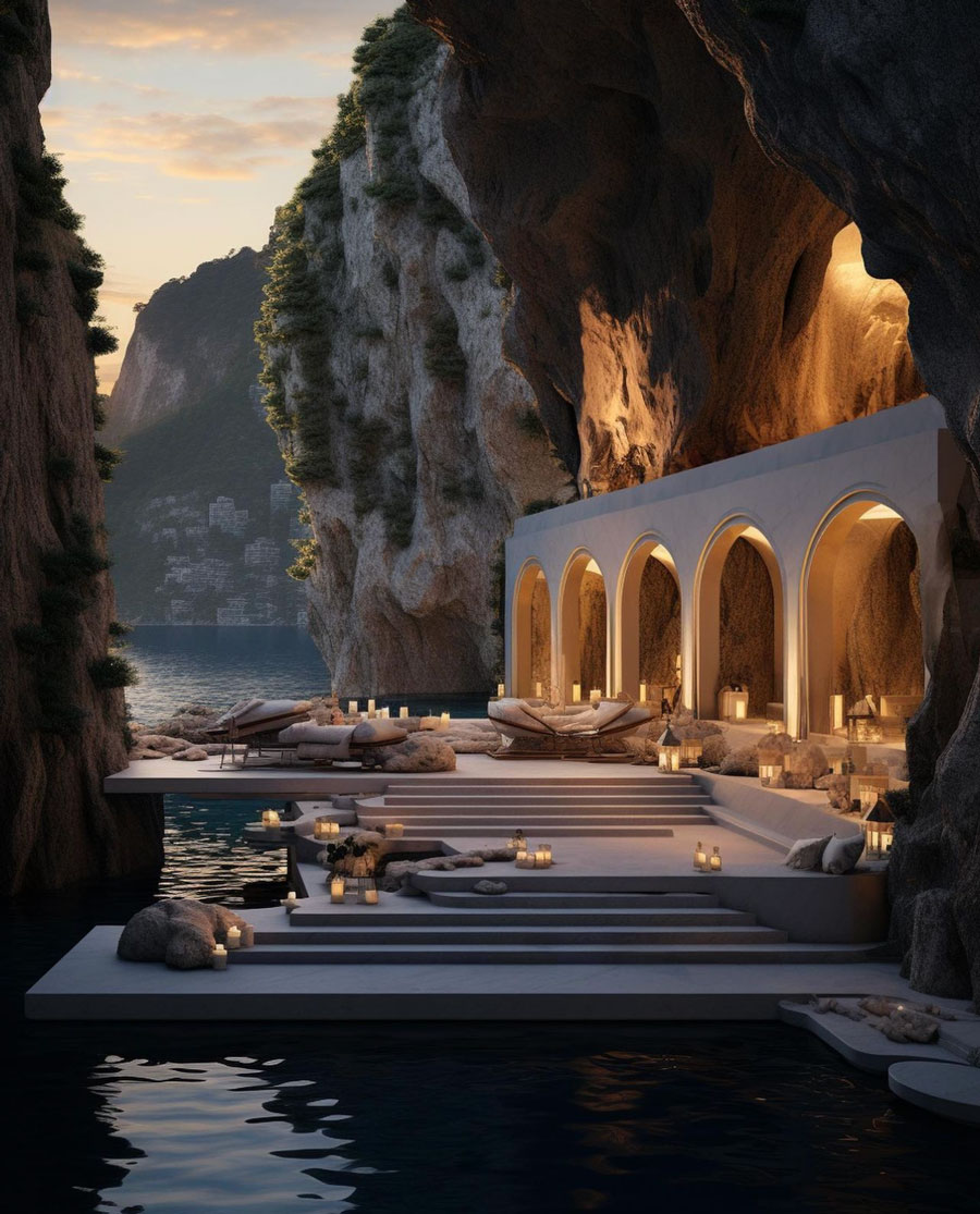 Classic Roman Design-Inspired Cliffside Dream Home Private Patio
