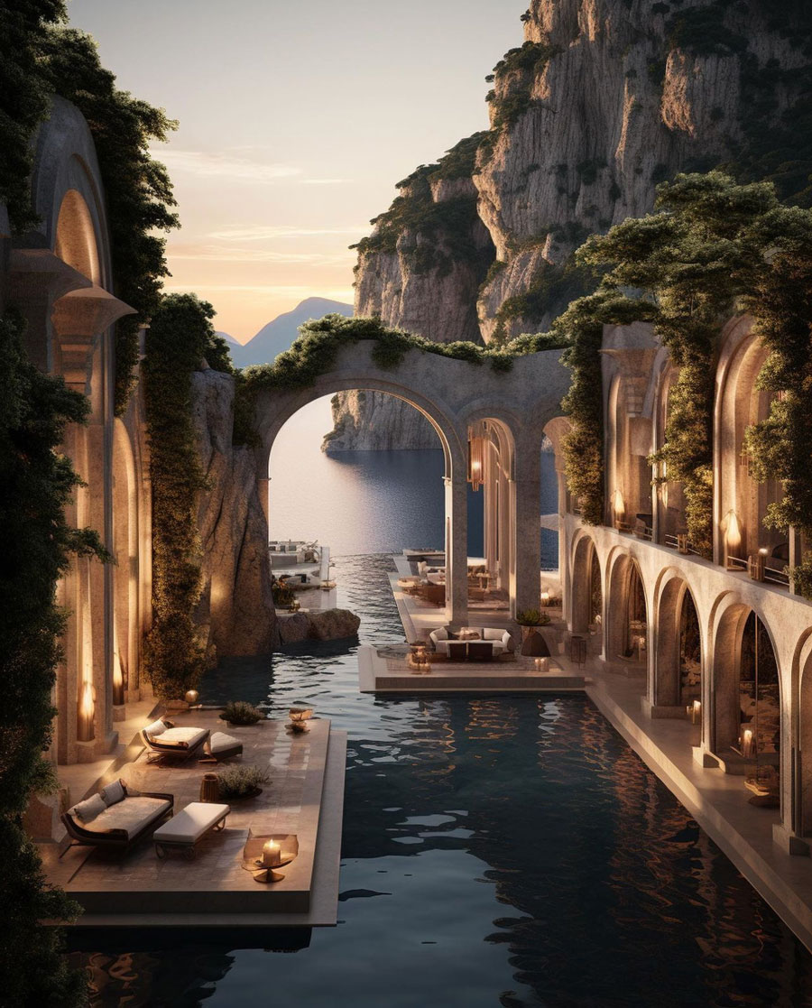 Classic Roman Design-Inspired Cliffside Dream Home Private Swimming Pool