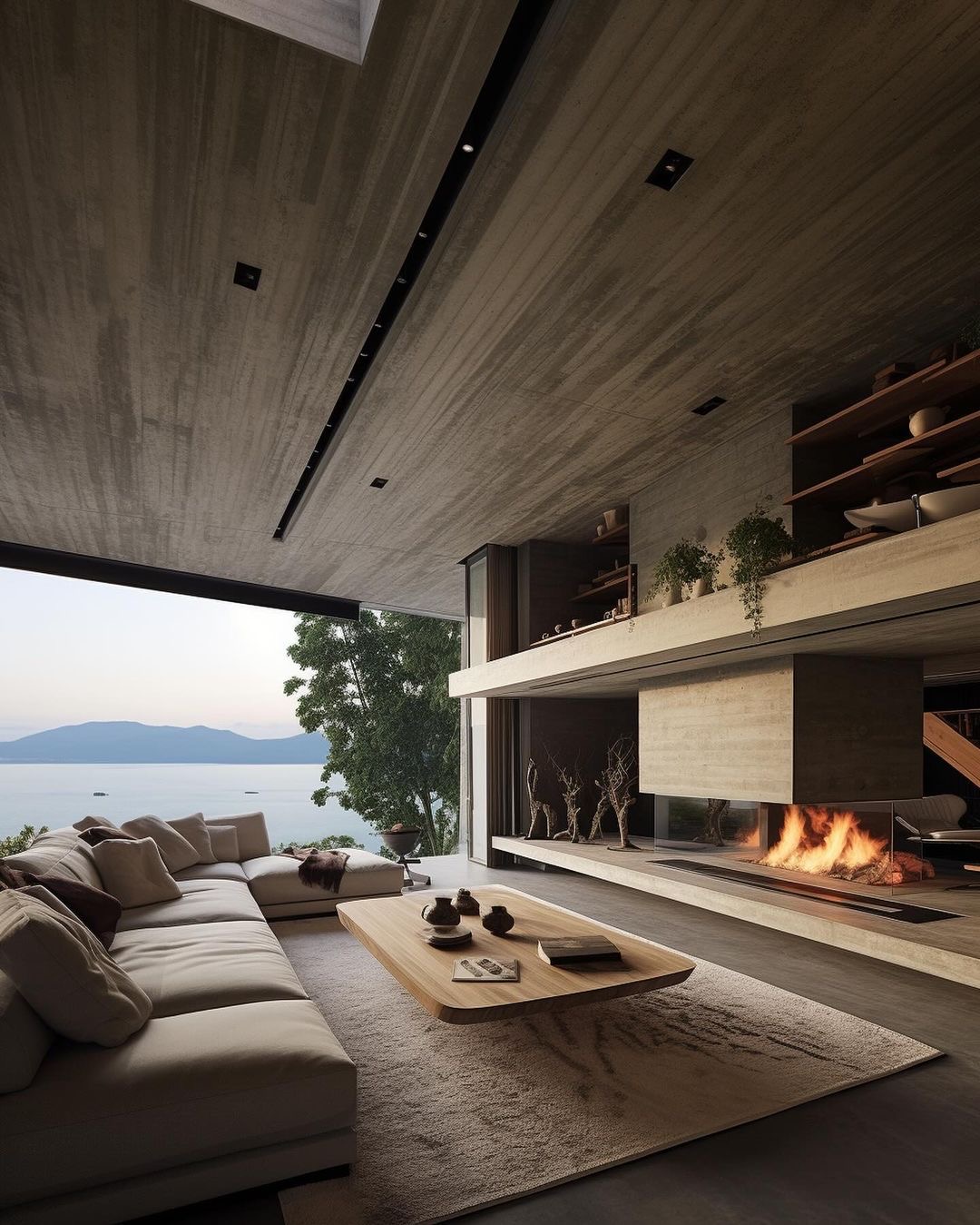 Concrete Fireplace with wood floors and coastal views