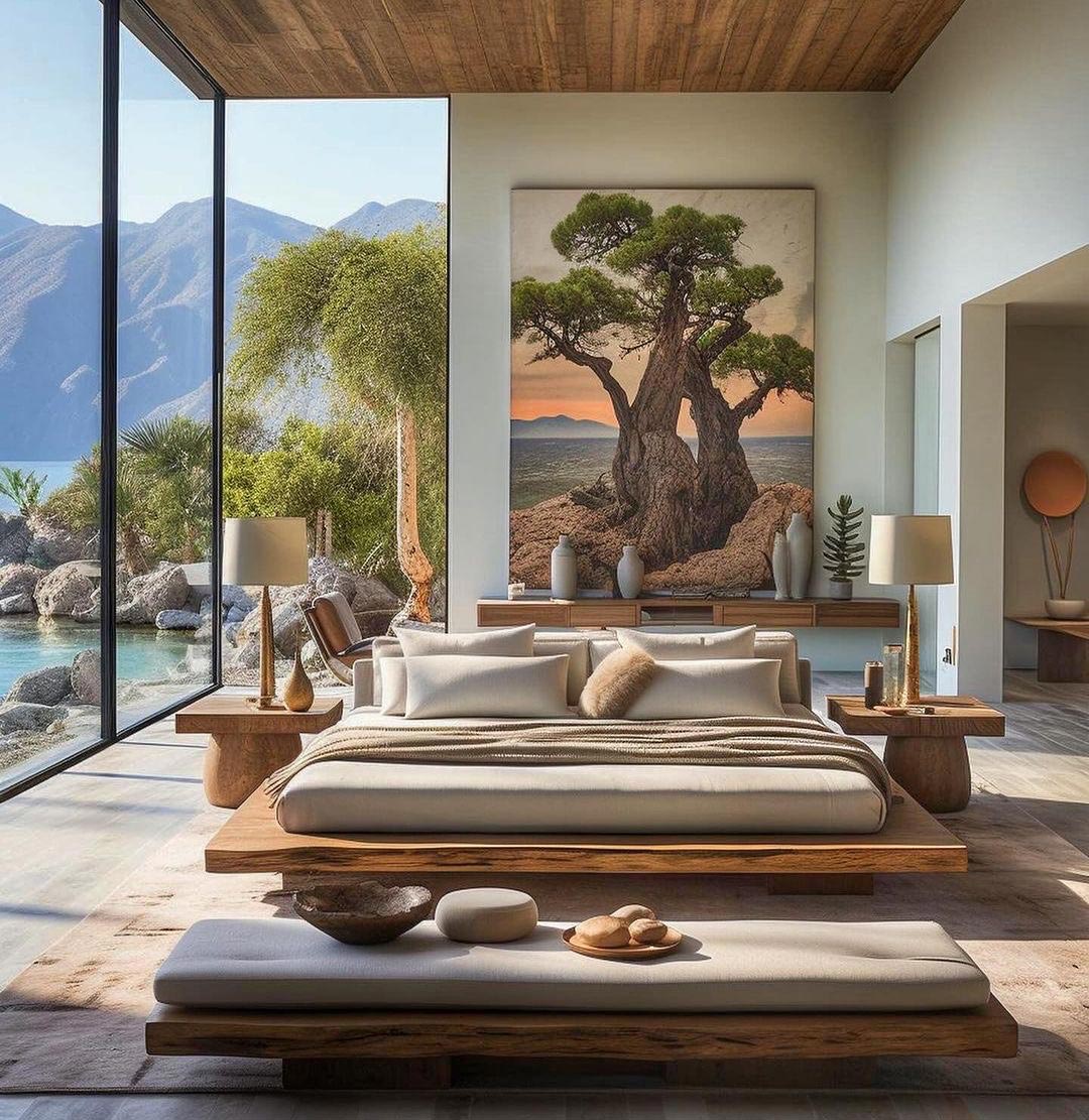Master Bedroom with low set bed and large tree painting on wall