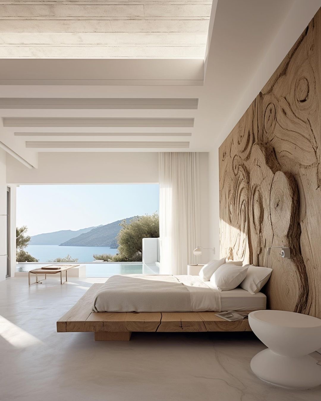 Master Bedroom with Wall To Ceiling Carved Stone Headboard