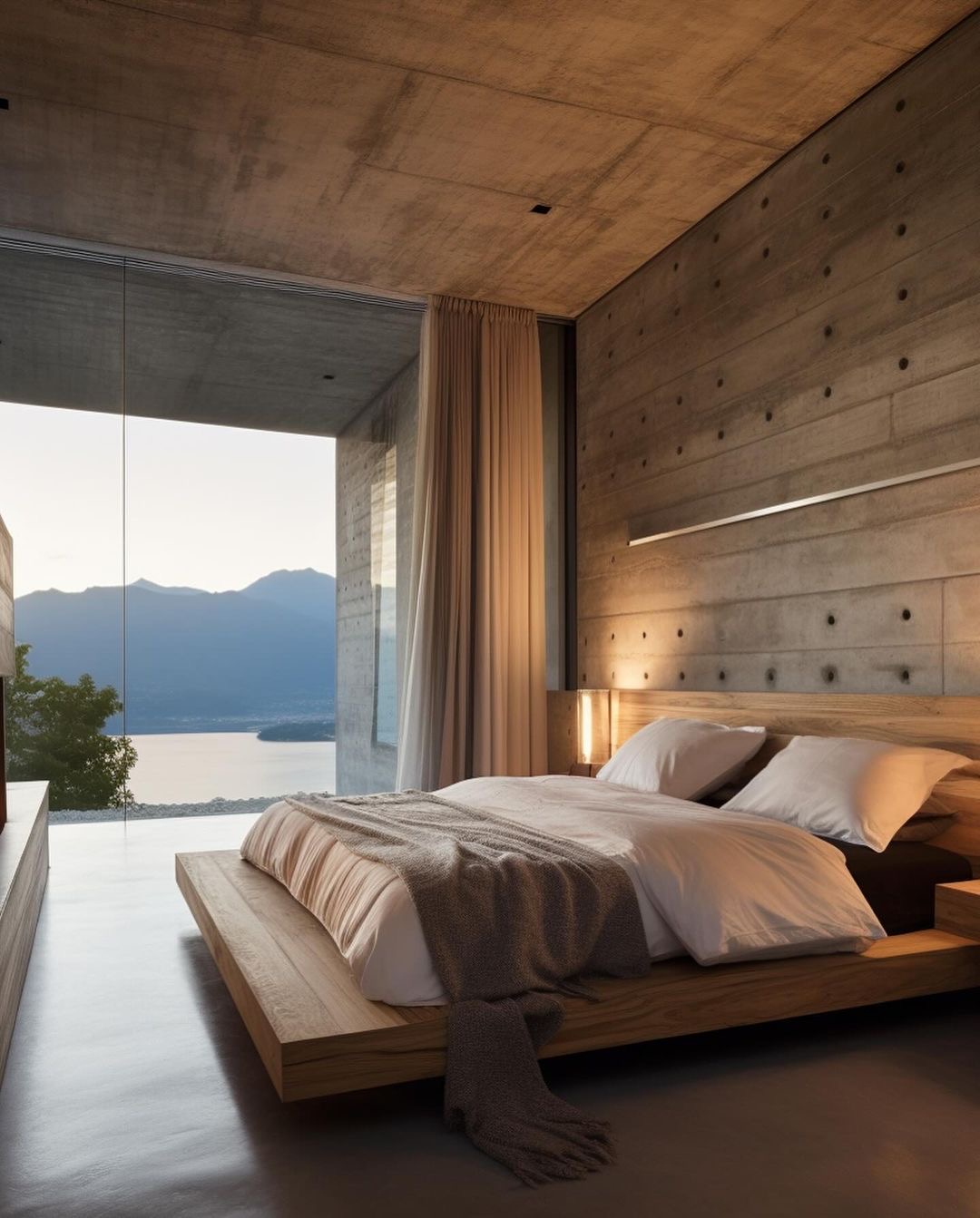 Master Bedroom with Wood Base Bed and Concrete Walls