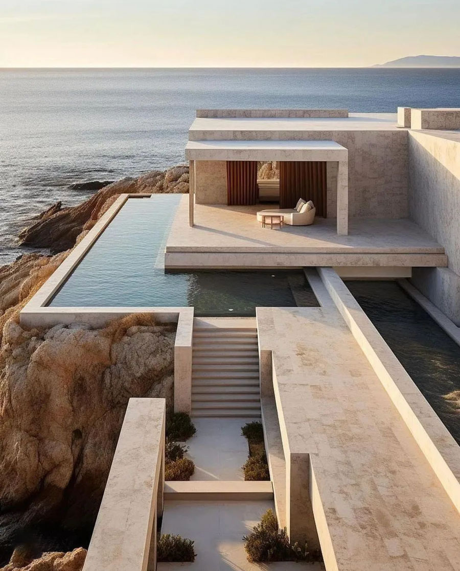 Minimalist Mediterranean Coastal Dream Home Exterior Beach View