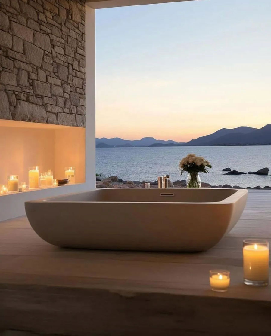 Minimalist Mediterranean Coastal Home Spa Bathroom