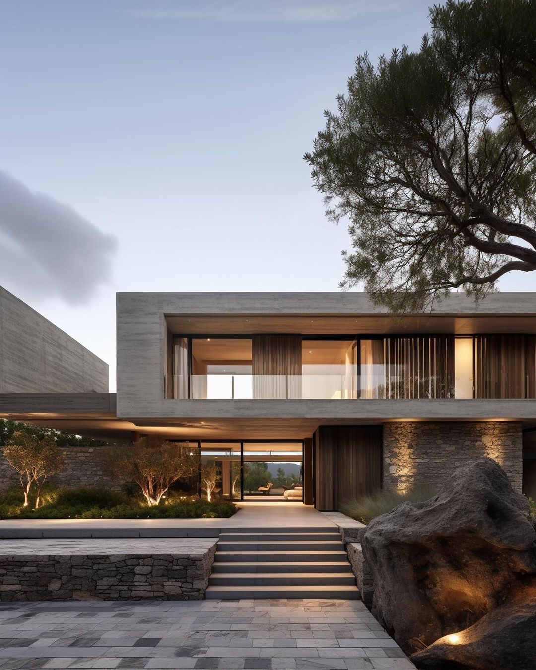 Modern Concrete Home Exterior with Soft Lighting