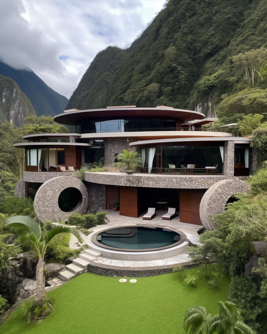 Modern Jungle Home Exterior with Circular Stone Walls