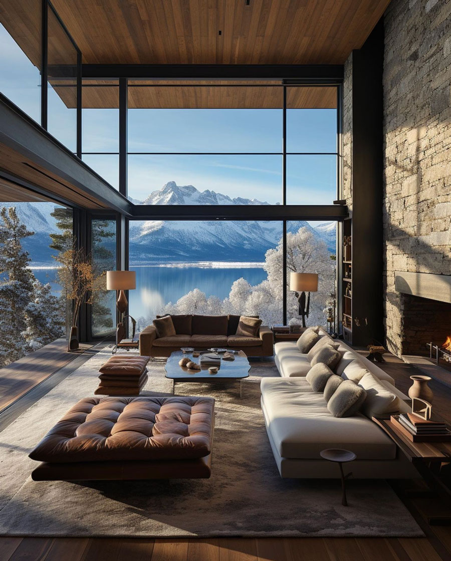 Resort Style Lakeside Mountain Dream Home Living Room