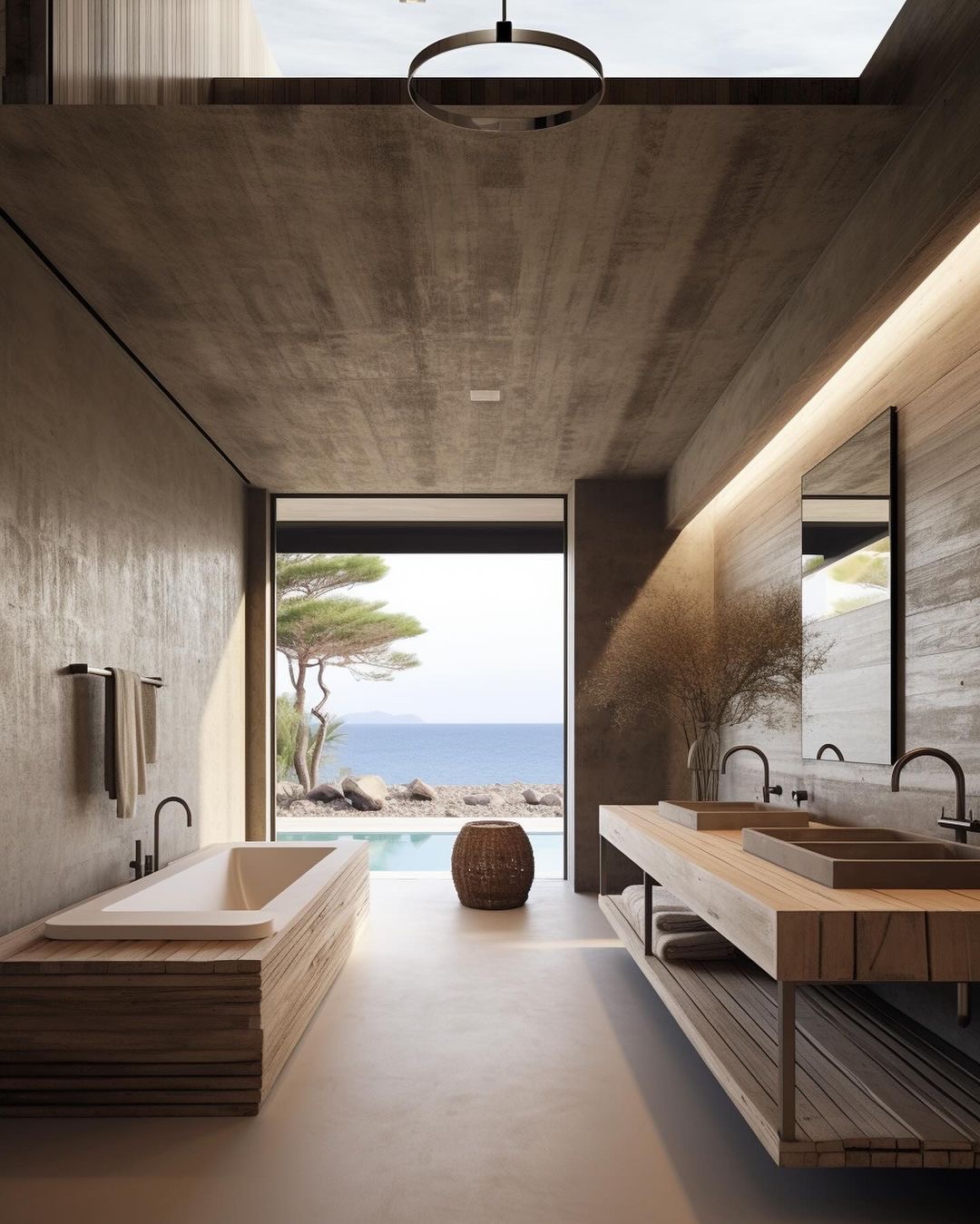 Spa Like Bathroom Concrete Walls and Coastal Views
