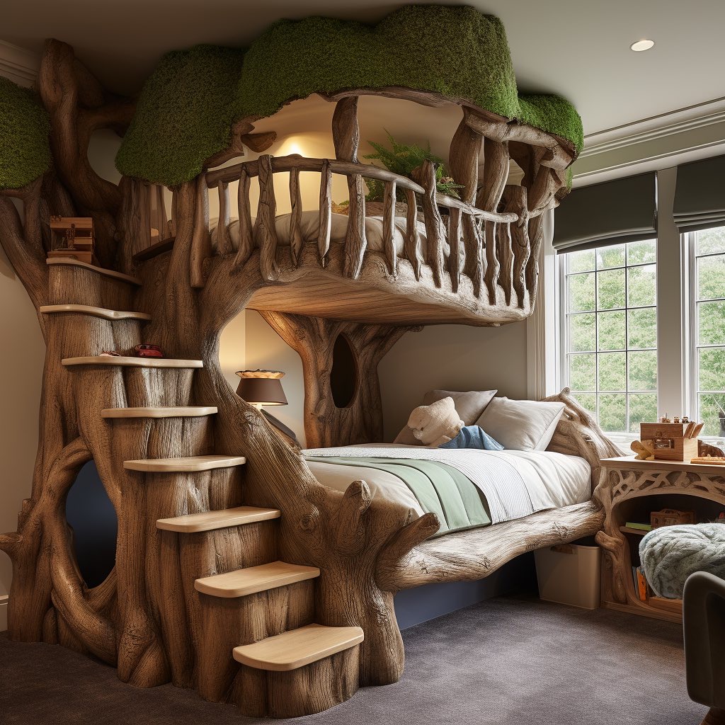 Tree House Shaped Bunk Beds Natural Wood Stairs
