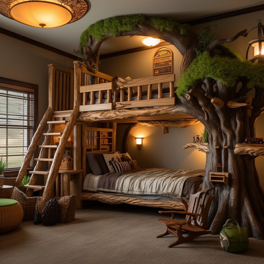 Tree House Shaped Bunk Beds with Chair