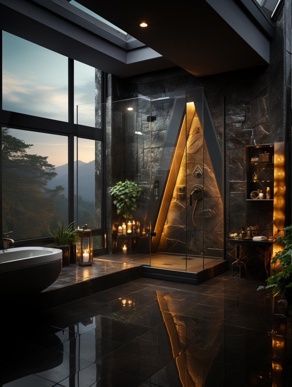 Black tile and stone walled bathroom spa like design