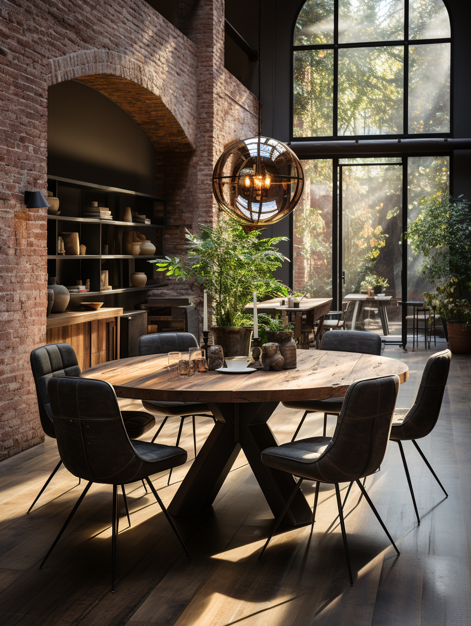 Circle wood table top with small black leather chairs