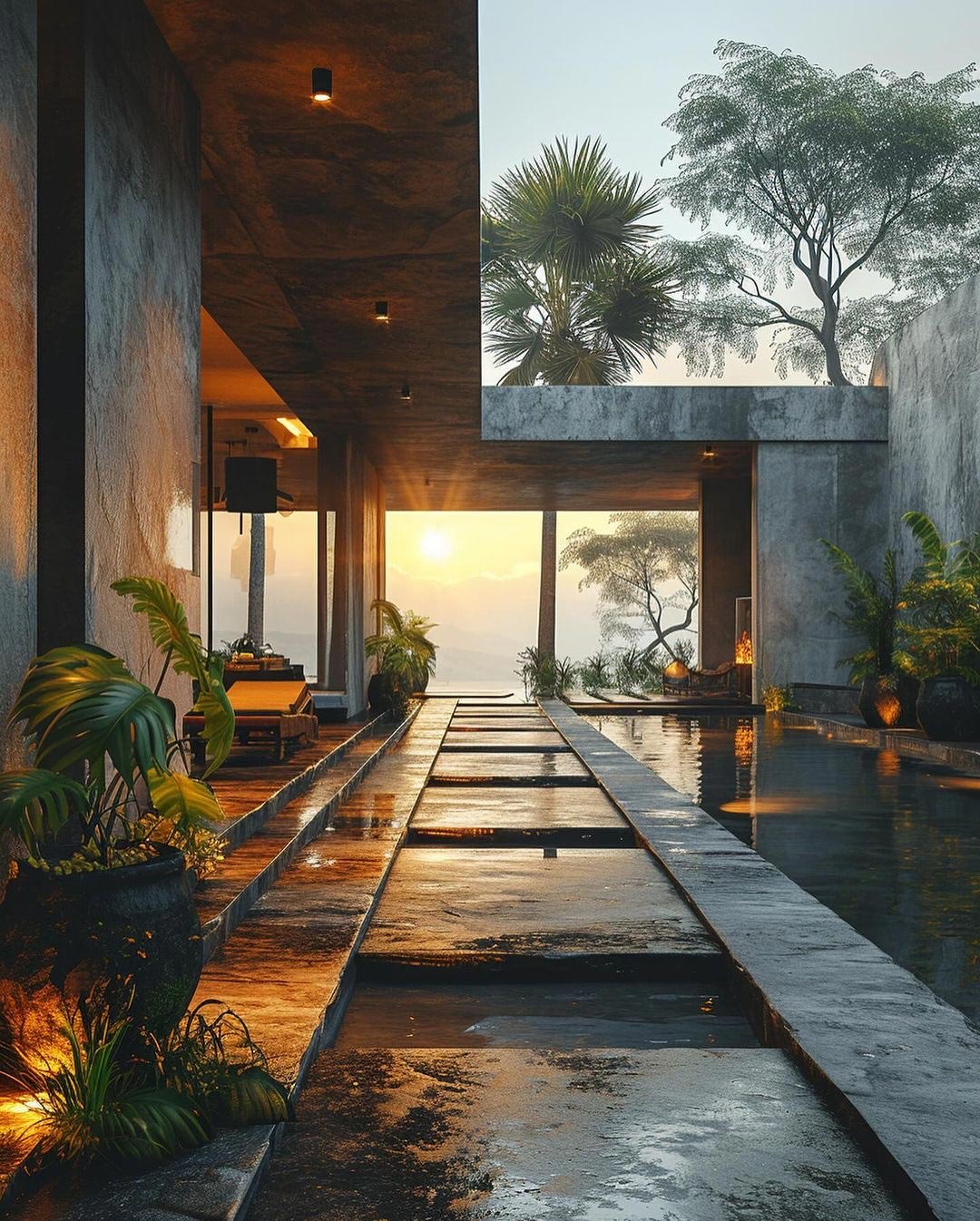 Concrete multi-level entrance tropical home