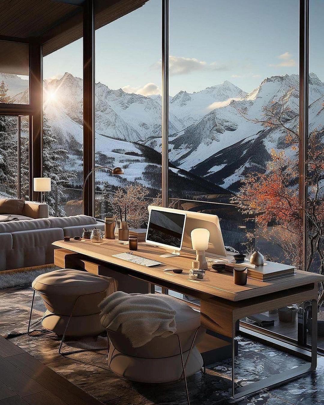 Double desk home office overlooking snowy mountain view