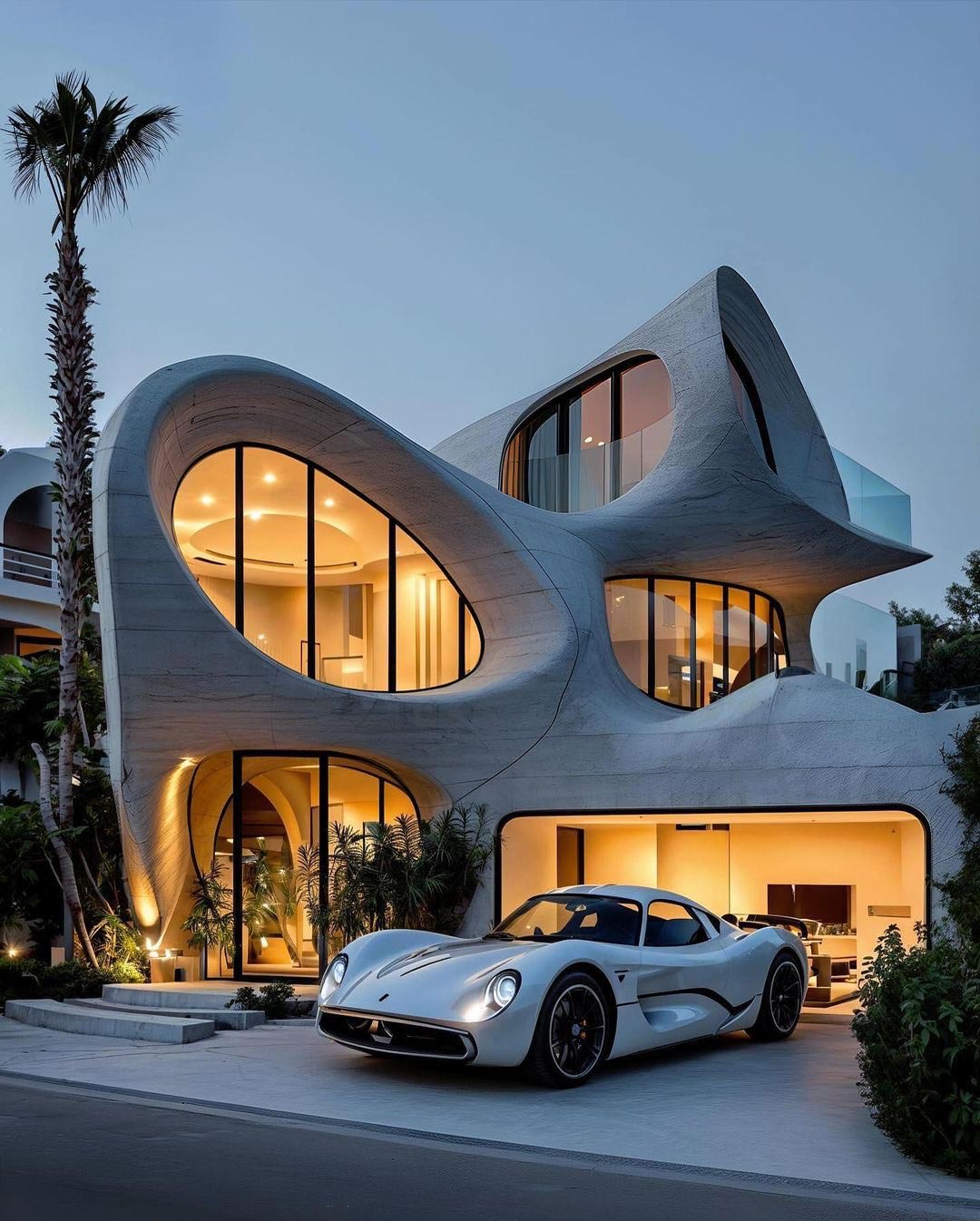 Abstract-Shaped Home Design Front entrance with sports car in drive-way