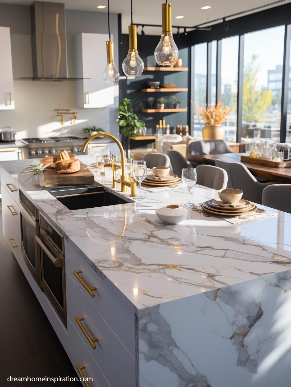 Gold and gray marble kitchen island with gold accent fixtures