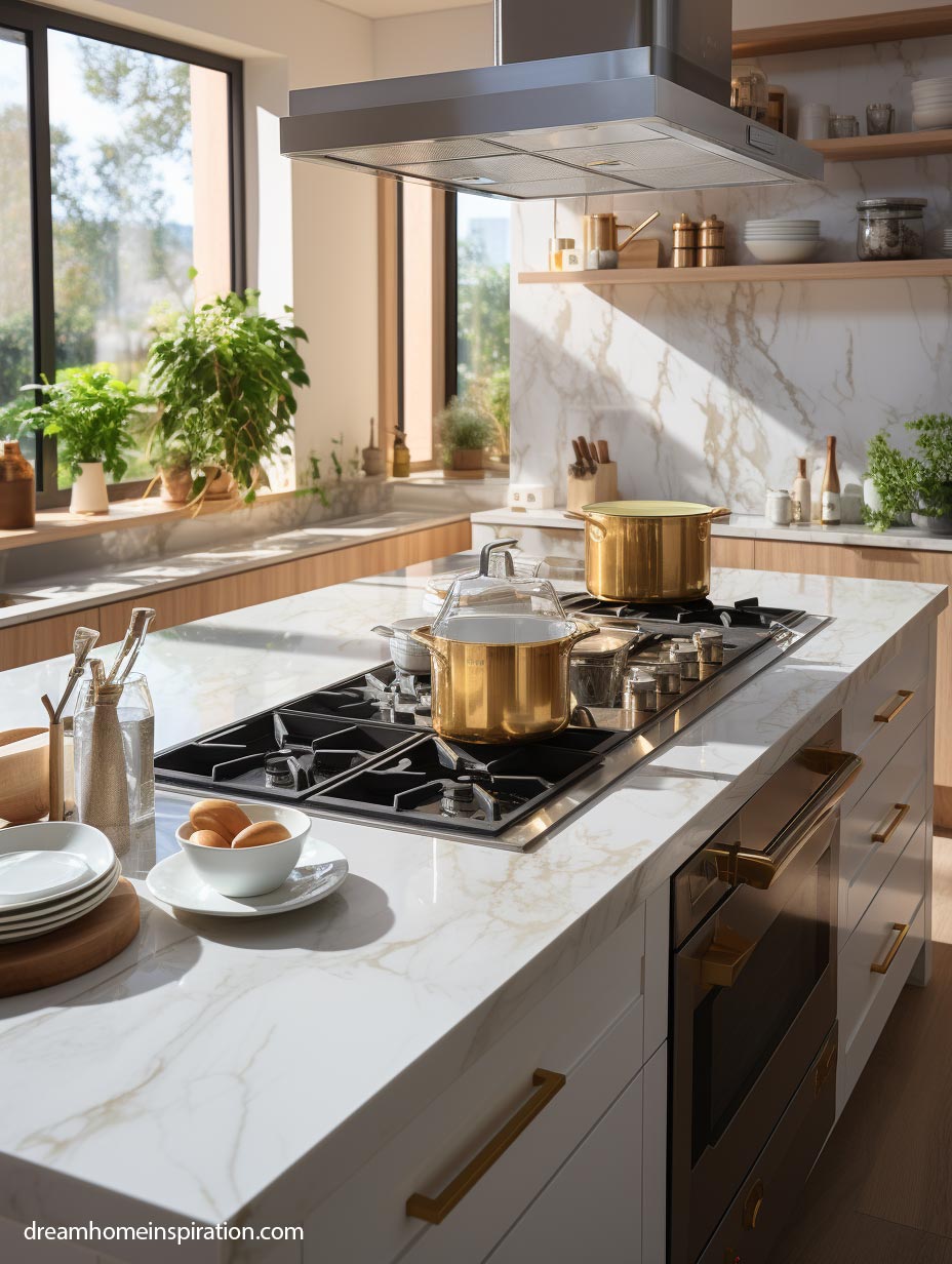 Gold and white kitchen design large island