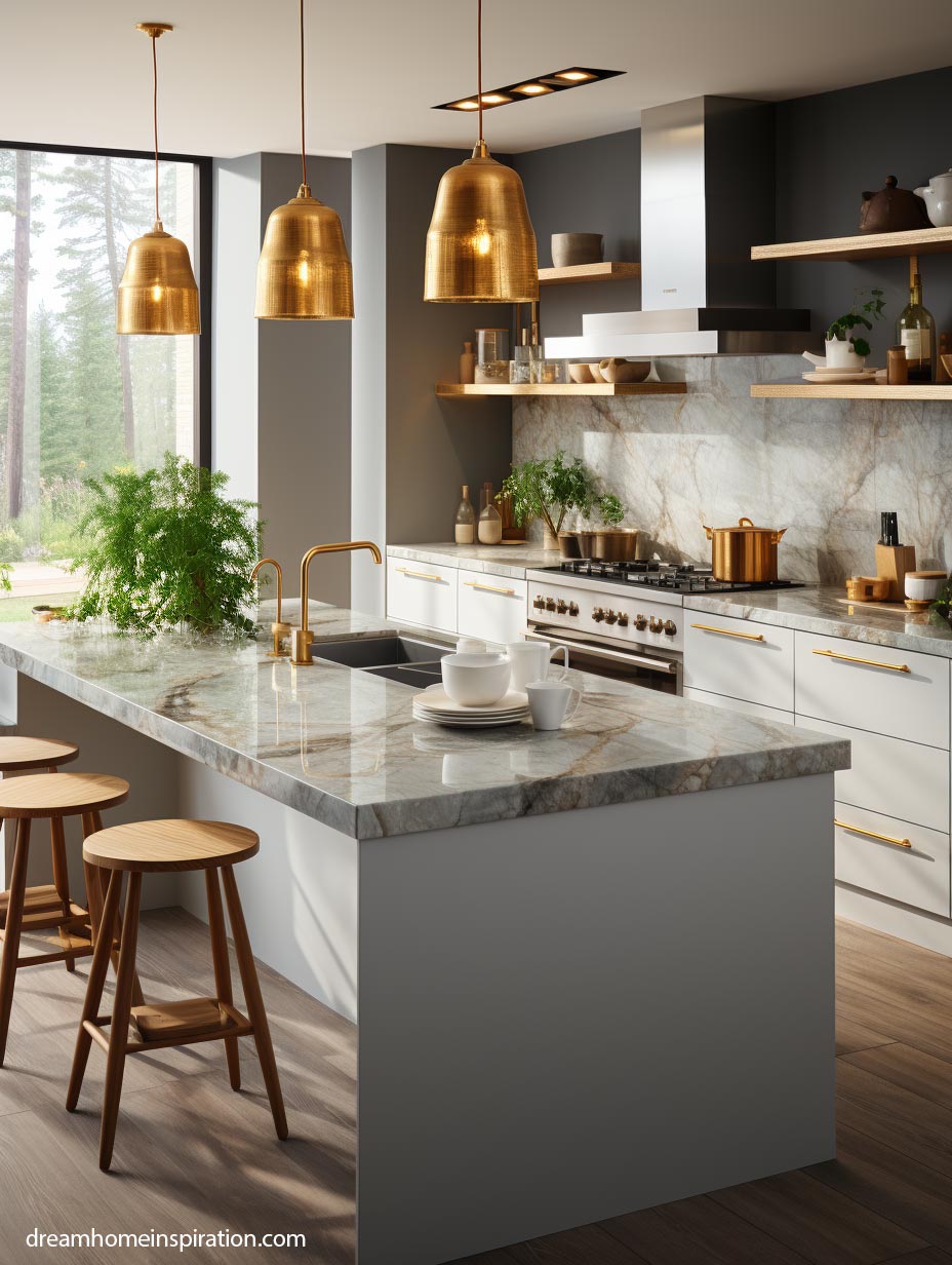 Gray Gold and White kitchen with natural wood elements