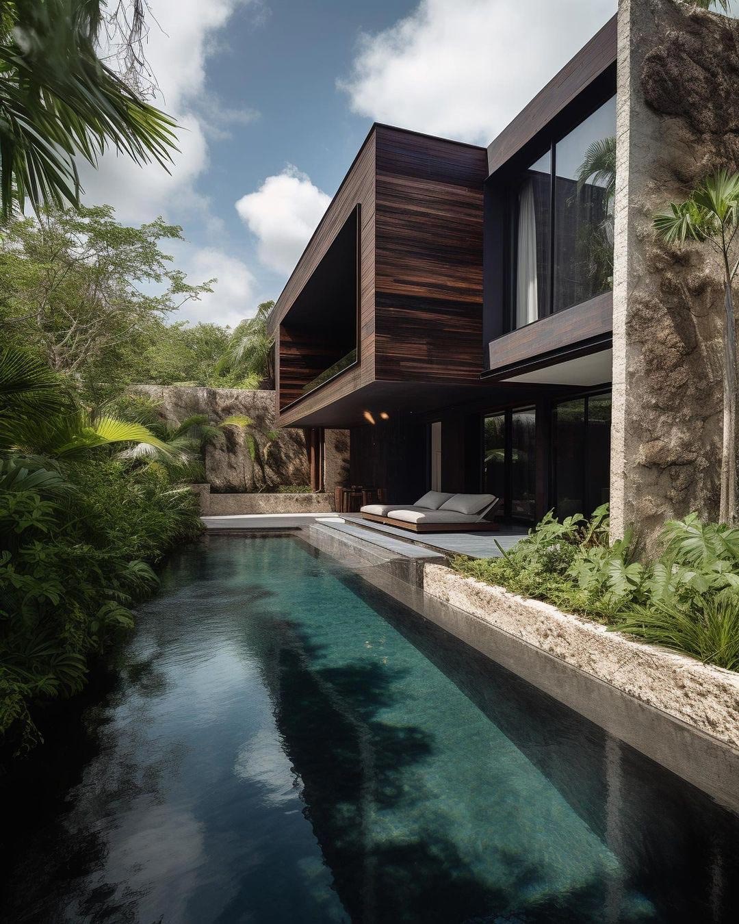 Infinity pool surrounded by brush and greenery 
