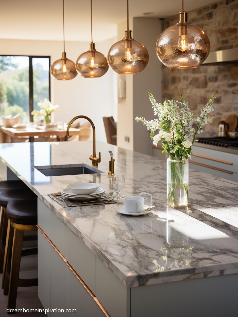 Kitchen island with marble top white island and rose gold accents