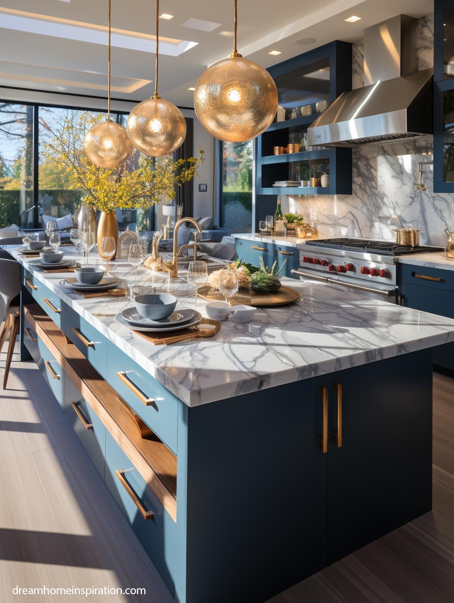 Large blue kitchen island with gold accents and round lighting