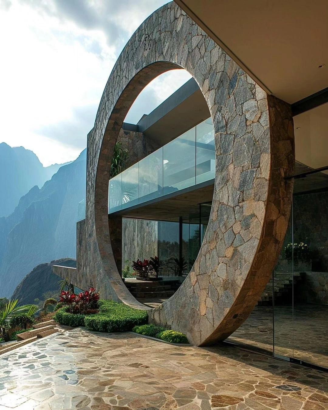 Large circular stone wall structure outside exterior home