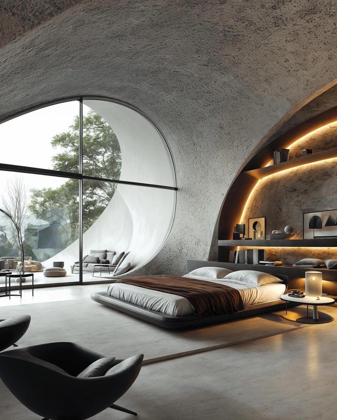 Abstract-Shaped Home Design Large curved windows with low base bed