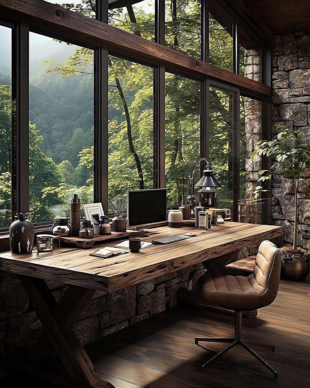 Large wood desk in home office overlooking nature outdoors